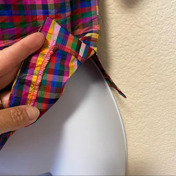 Lucia Lukken VTG Broomskirts Raw Silk Rainbow Pride Tartan Plaid Holiday Top 6 - Picture 5 of 7